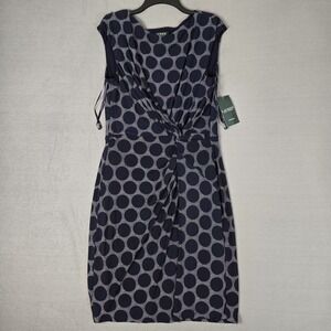 Lauren Ralph Lauren Dress 14 Blue White Geometric Boat Neck Center Pleat NWT